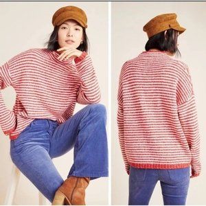 Anthropologie Lienna Mock Neck Red Stripe Wool Sweater L